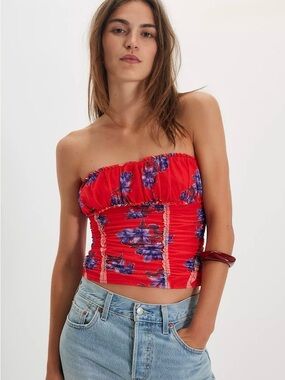 Free People Scottie Printed Strapless Red Floral Ruched Tube Top